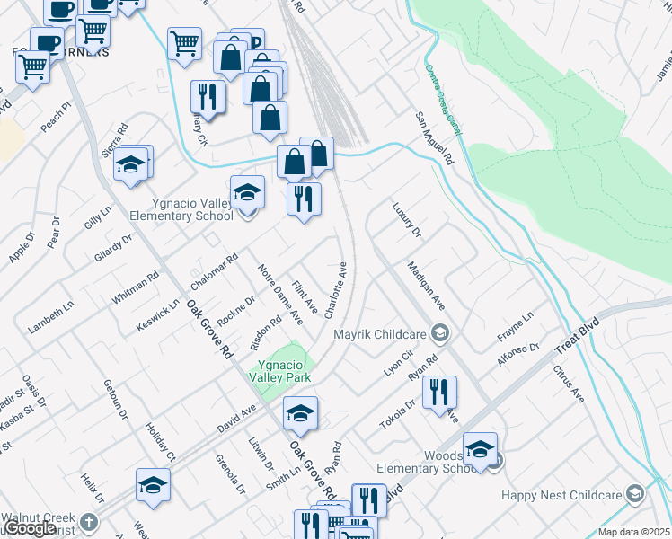 map of restaurants, bars, coffee shops, grocery stores, and more near 2381 Eugene Court in Concord