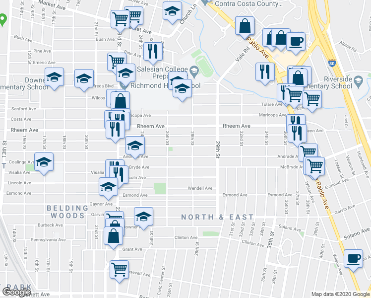 map of restaurants, bars, coffee shops, grocery stores, and more near 2726 Humphrey Avenue in Richmond