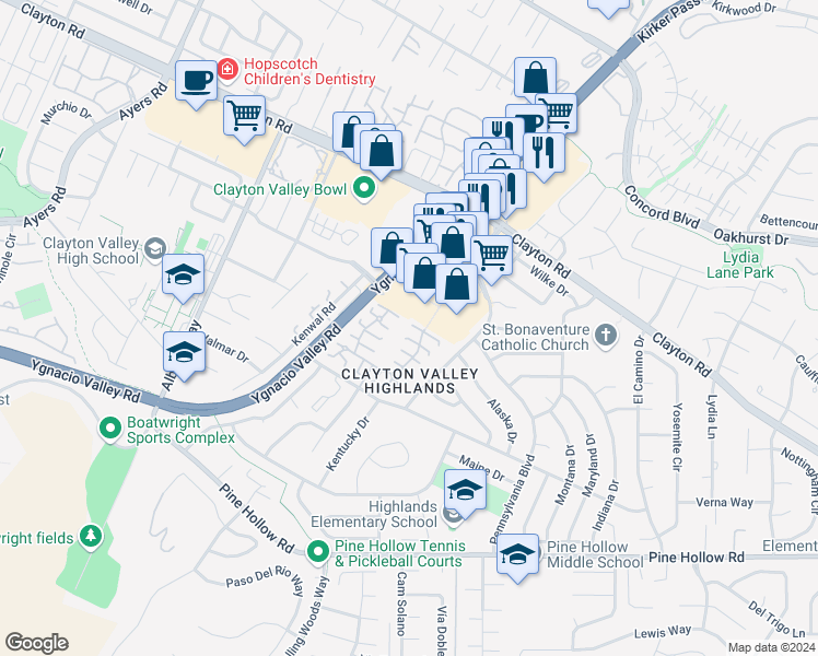 map of restaurants, bars, coffee shops, grocery stores, and more near 5511 Roundtree Place in Concord