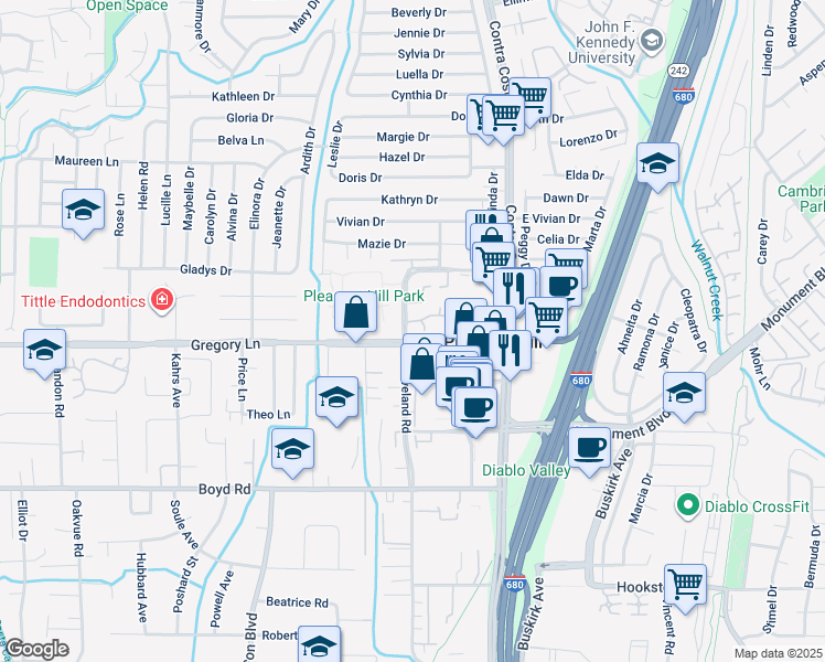 map of restaurants, bars, coffee shops, grocery stores, and more near 2 Mozden Lane in Pleasant Hill