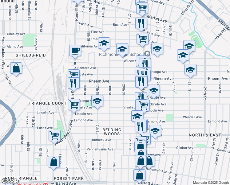 map of restaurants, bars, coffee shops, grocery stores, and more near 1825 Hellings Avenue in Richmond