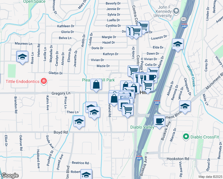 map of restaurants, bars, coffee shops, grocery stores, and more near 101 Gregory Lane in Pleasant Hill