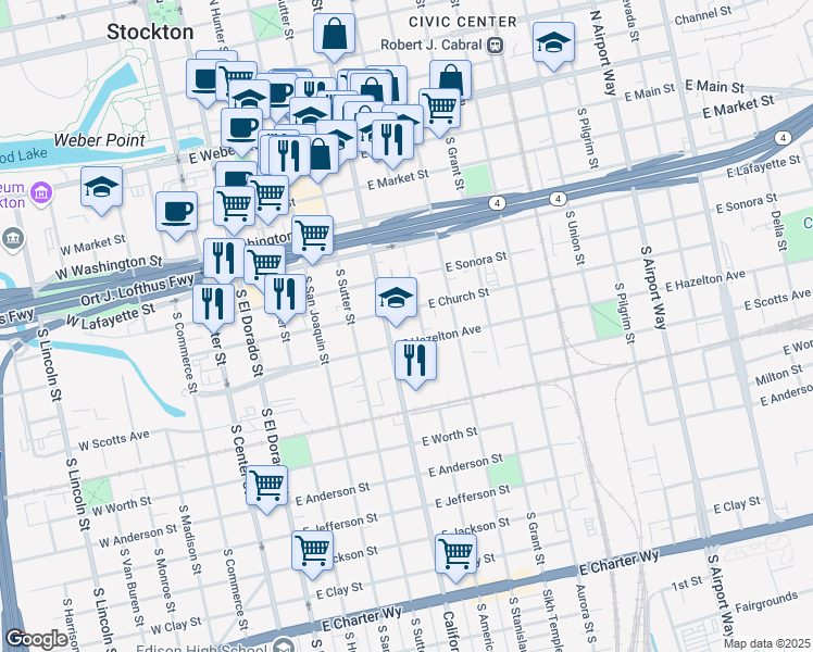 map of restaurants, bars, coffee shops, grocery stores, and more near 536 California Street in Stockton
