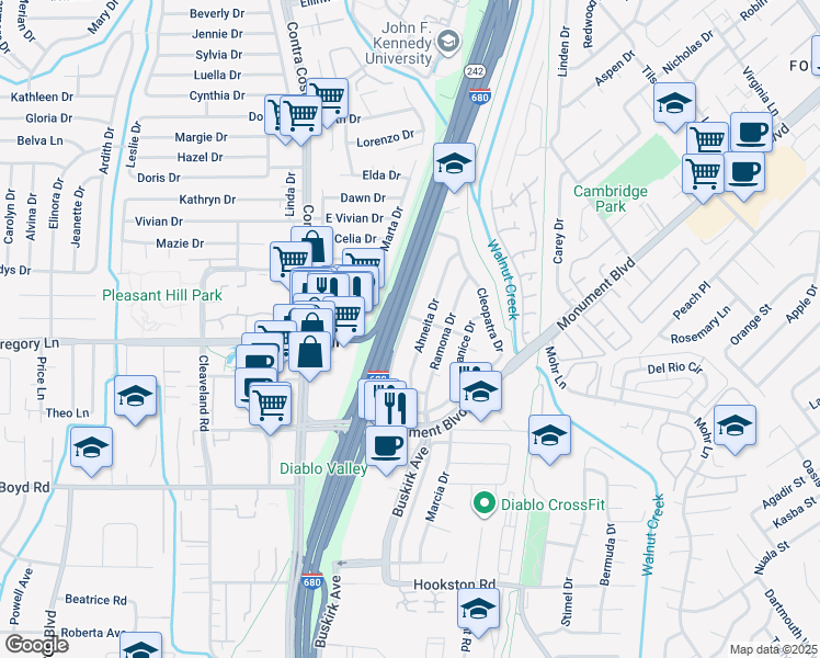 map of restaurants, bars, coffee shops, grocery stores, and more near 2119 Sherman Drive in Pleasant Hill