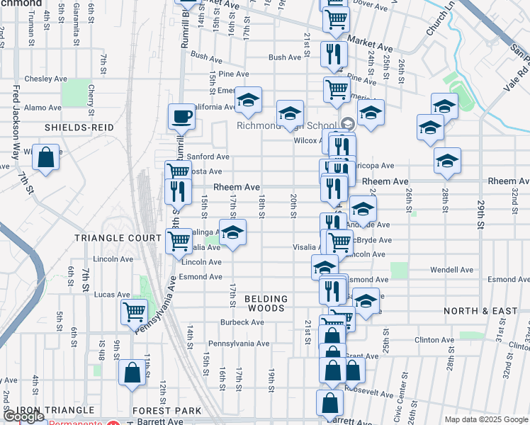 map of restaurants, bars, coffee shops, grocery stores, and more near 1801 Hellings Avenue in Richmond