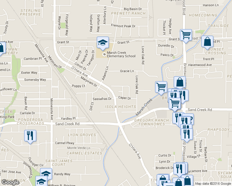 map of restaurants, bars, coffee shops, grocery stores, and more near 496 Thyme Court in Brentwood