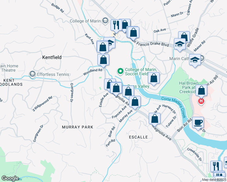 map of restaurants, bars, coffee shops, grocery stores, and more near 1 College Court in Larkspur