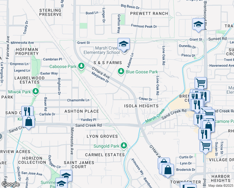 map of restaurants, bars, coffee shops, grocery stores, and more near 568 Caraway Drive in Brentwood