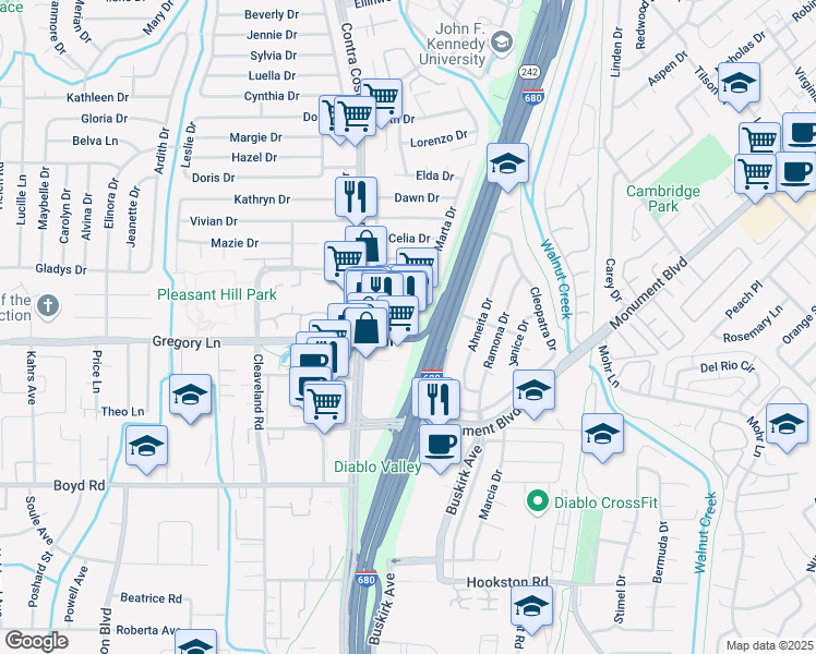 map of restaurants, bars, coffee shops, grocery stores, and more near 1962 Contra Costa Boulevard in Pleasant Hill