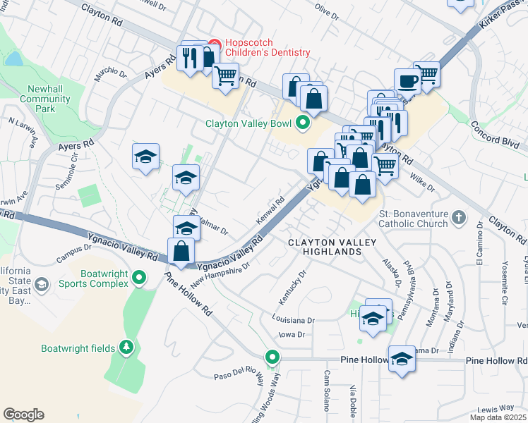map of restaurants, bars, coffee shops, grocery stores, and more near 1215 Kenwal Road in Concord