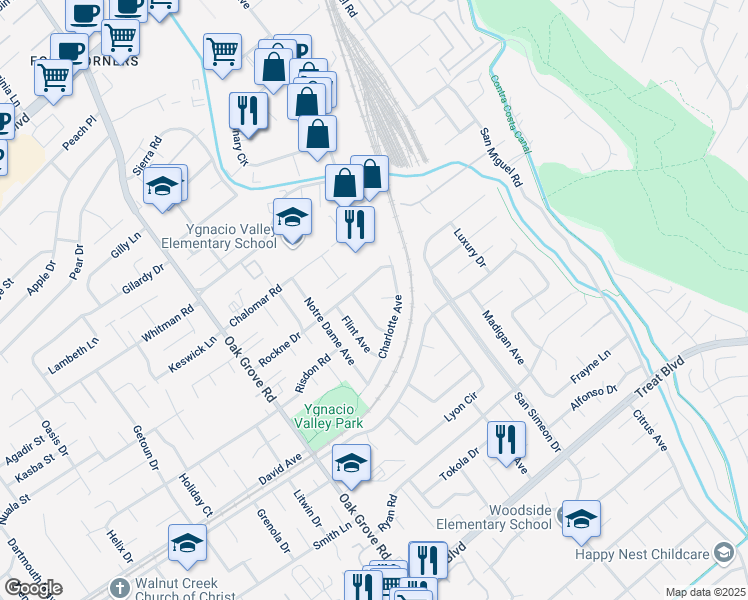 map of restaurants, bars, coffee shops, grocery stores, and more near 2381 Eugene Ct in Concord