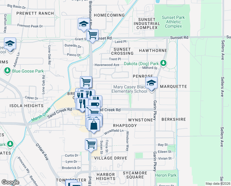 map of restaurants, bars, coffee shops, grocery stores, and more near 209 Brush Creek Drive in Brentwood