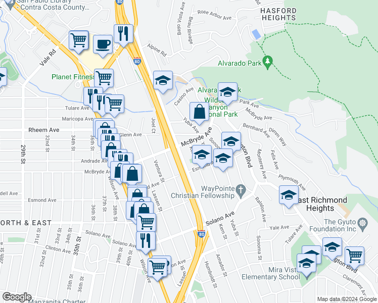 map of restaurants, bars, coffee shops, grocery stores, and more near 967 Kern Street in Richmond