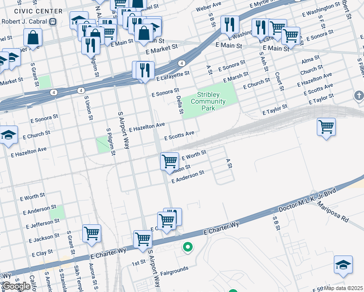 map of restaurants, bars, coffee shops, grocery stores, and more near 1502 East Taylor Street in Stockton