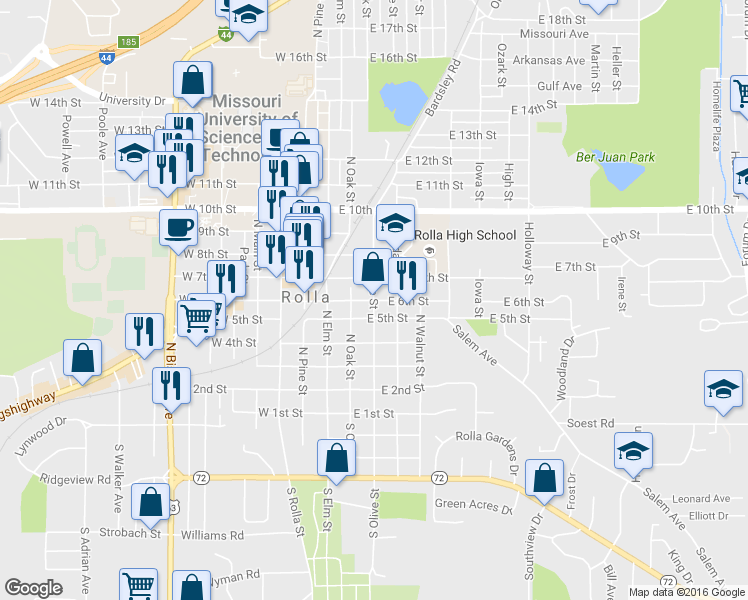 map of restaurants, bars, coffee shops, grocery stores, and more near 600 North Olive Street in Rolla