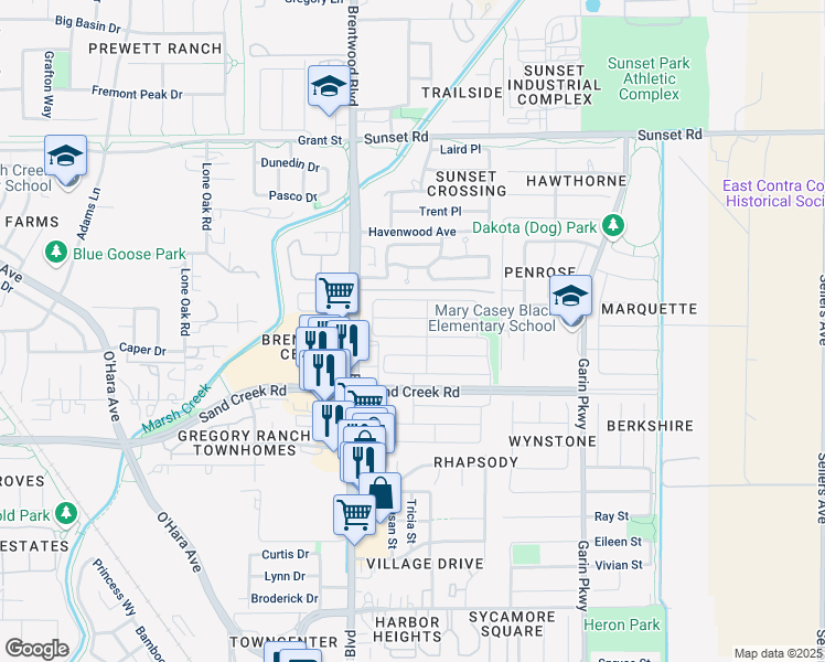 map of restaurants, bars, coffee shops, grocery stores, and more near 167 Brush Creek Drive in Brentwood