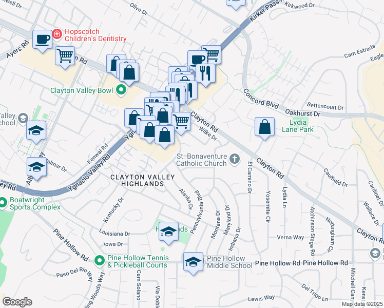 map of restaurants, bars, coffee shops, grocery stores, and more near 5507 Arizona Drive in Concord