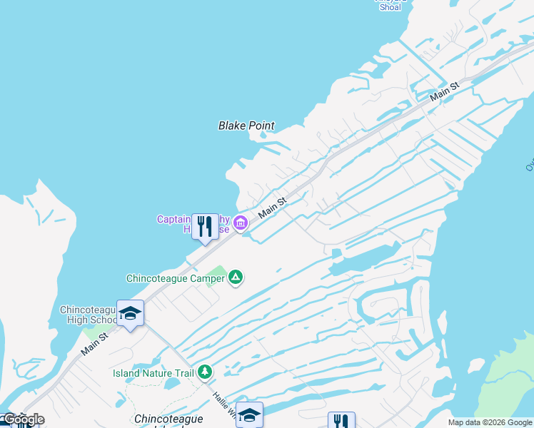 map of restaurants, bars, coffee shops, grocery stores, and more near 5186 Main Street in Chincoteague