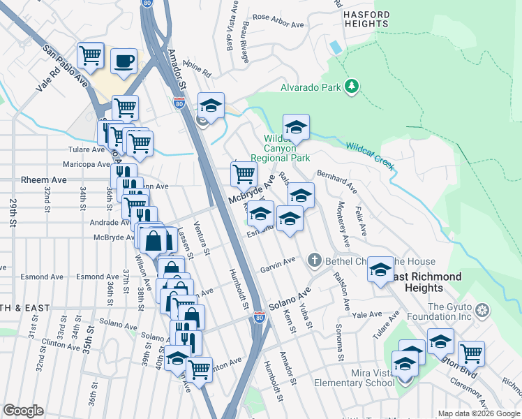map of restaurants, bars, coffee shops, grocery stores, and more near 951 Yuba Street in Richmond