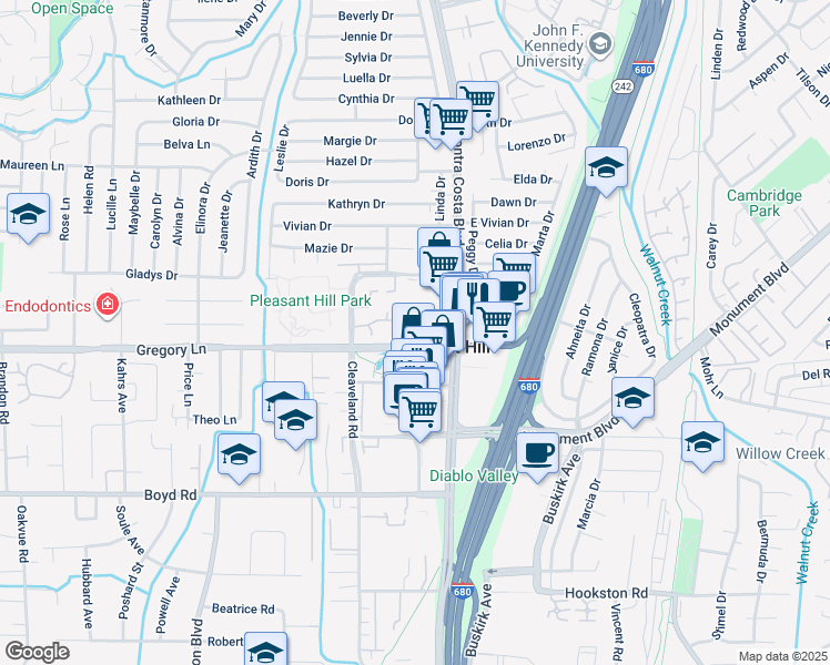 map of restaurants, bars, coffee shops, grocery stores, and more near in Pleasant Hill