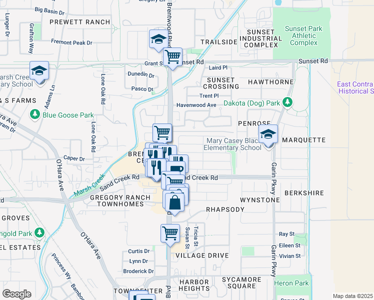 map of restaurants, bars, coffee shops, grocery stores, and more near 167 Brush Creek Drive in Brentwood