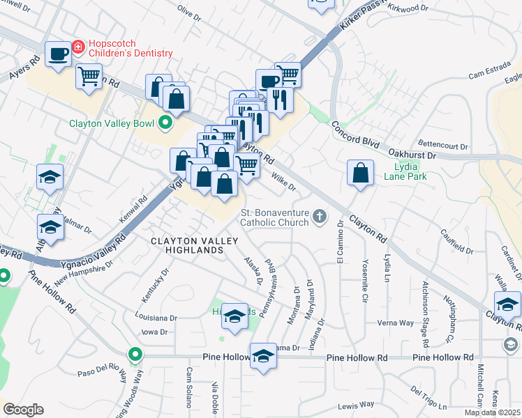 map of restaurants, bars, coffee shops, grocery stores, and more near 5507 Arizona Drive in Concord
