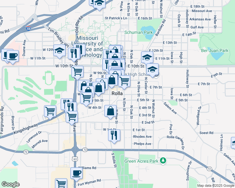 map of restaurants, bars, coffee shops, grocery stores, and more near in Rolla