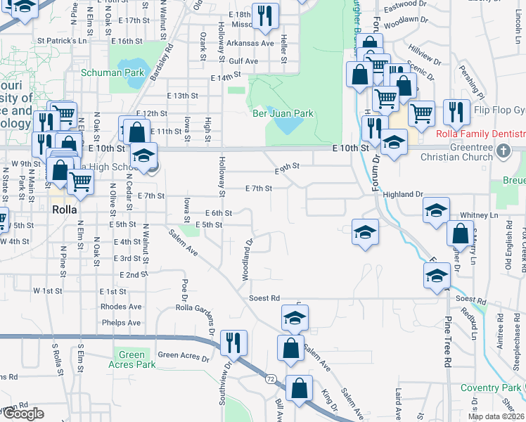 map of restaurants, bars, coffee shops, grocery stores, and more near 17 Pauline Lane in Rolla