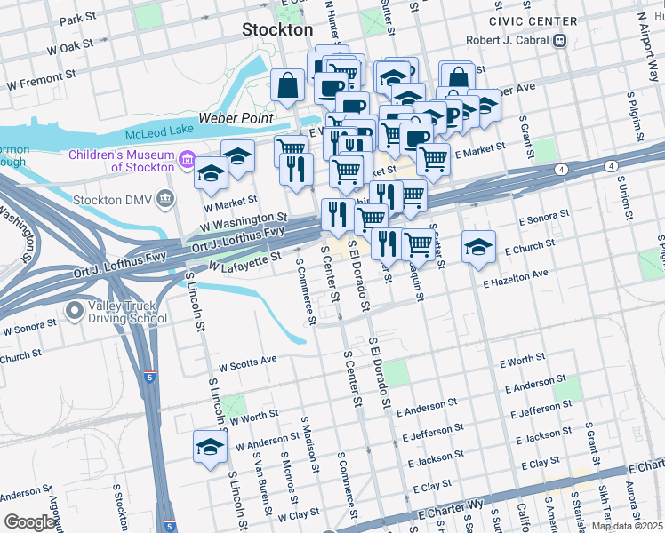 map of restaurants, bars, coffee shops, grocery stores, and more near 2 East Sonora Street in Stockton