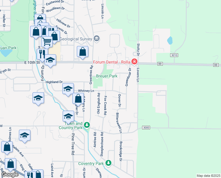 map of restaurants, bars, coffee shops, grocery stores, and more near 1517 Whitney Lane in Rolla
