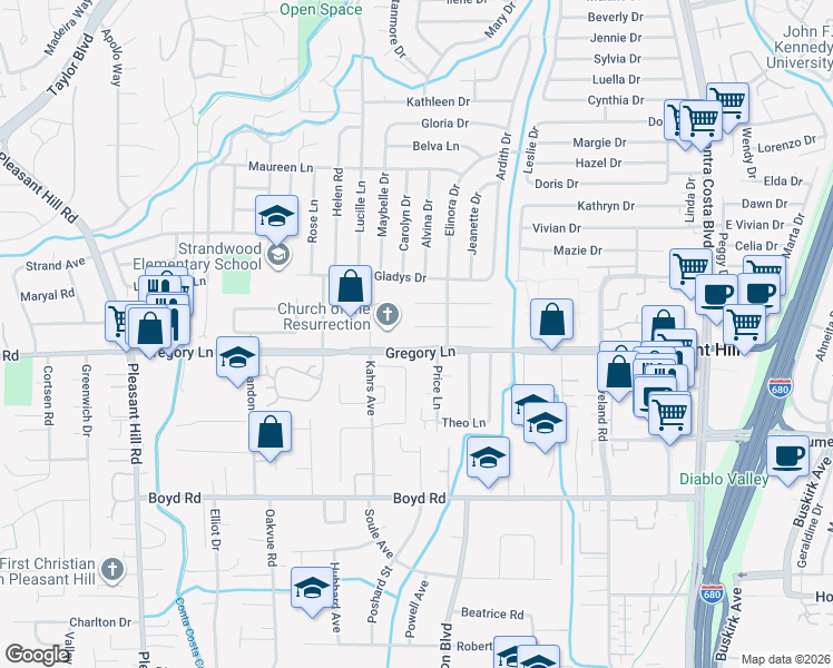 map of restaurants, bars, coffee shops, grocery stores, and more near 327 Betty Lane in Pleasant Hill