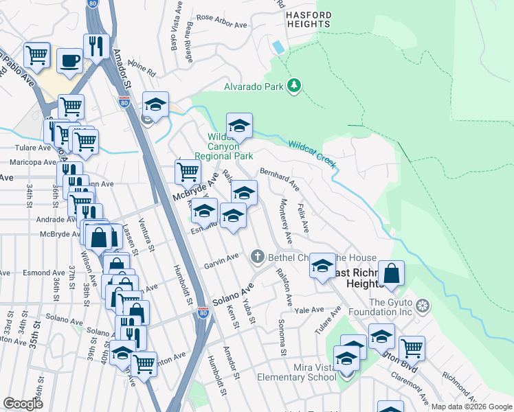 map of restaurants, bars, coffee shops, grocery stores, and more near 5966 Arlington Boulevard in Richmond