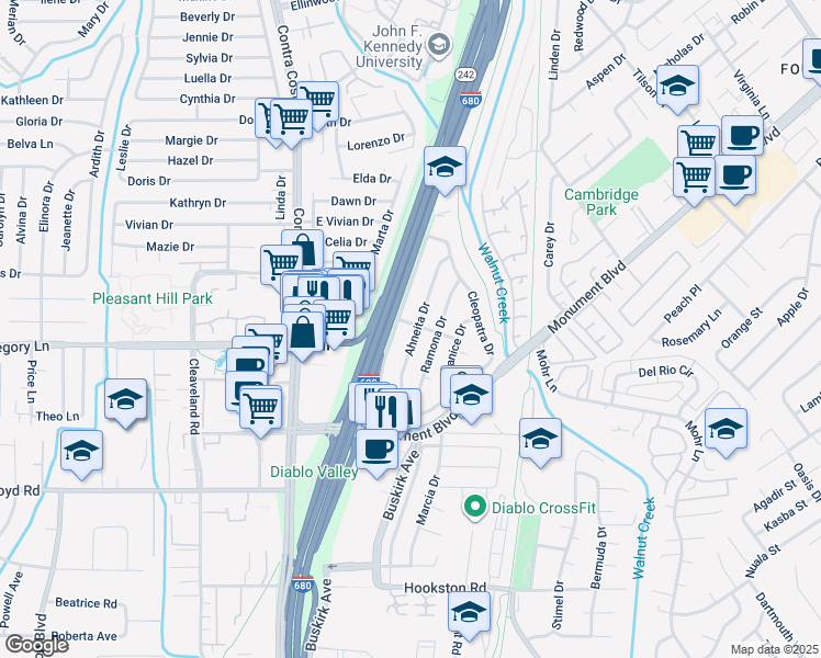 map of restaurants, bars, coffee shops, grocery stores, and more near 41 Belinda Drive in Pleasant Hill