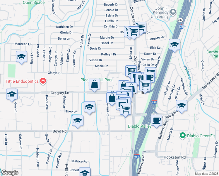 map of restaurants, bars, coffee shops, grocery stores, and more near 2 Mozden Lane in Pleasant Hill
