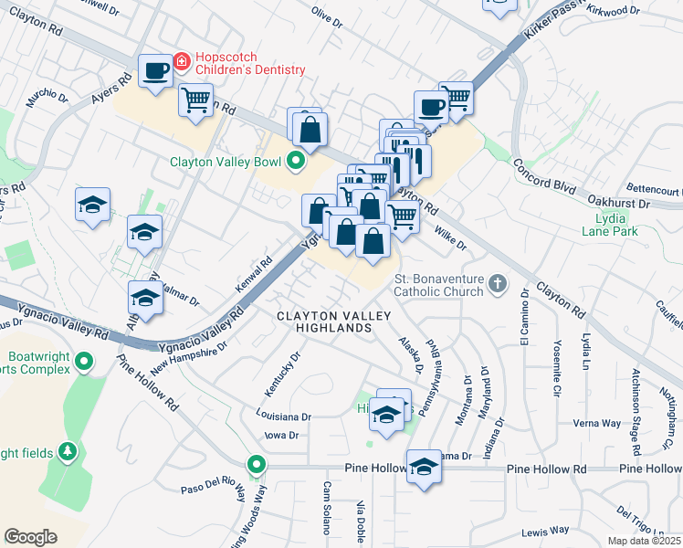 map of restaurants, bars, coffee shops, grocery stores, and more near 5519 Roundtree Drive in Concord