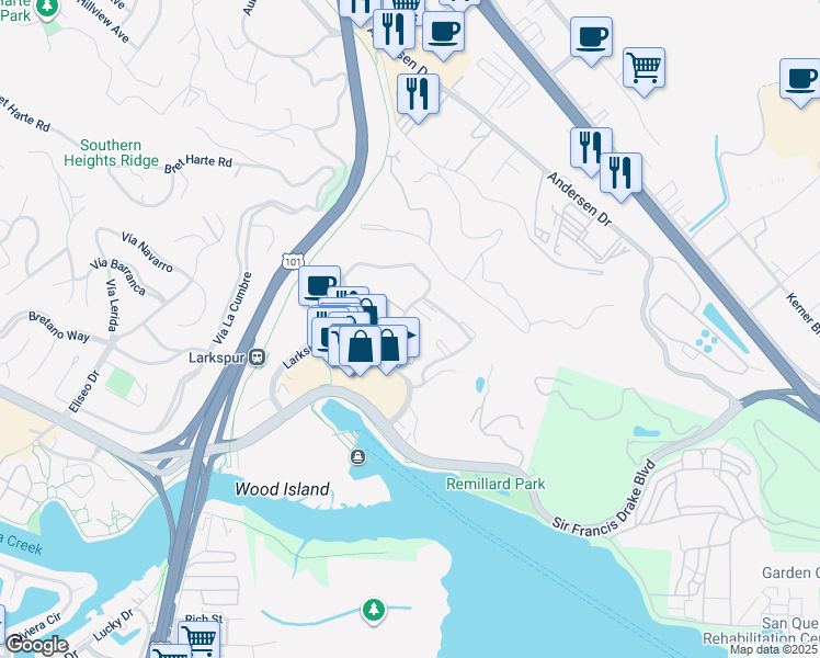 map of restaurants, bars, coffee shops, grocery stores, and more near 700 Lincoln Village Circle in Larkspur
