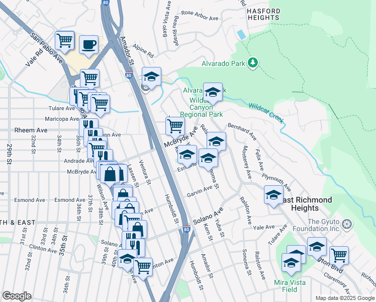 map of restaurants, bars, coffee shops, grocery stores, and more near 951 Yuba Street in Richmond