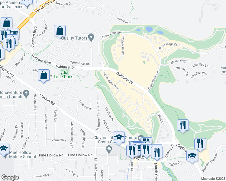 map of restaurants, bars, coffee shops, grocery stores, and more near 49 Tule Court in Clayton
