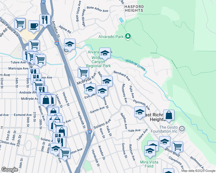 map of restaurants, bars, coffee shops, grocery stores, and more near 5955 Ralston Avenue in Richmond