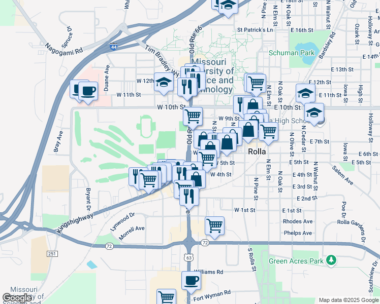 map of restaurants, bars, coffee shops, grocery stores, and more near US Highway 63 in Rolla