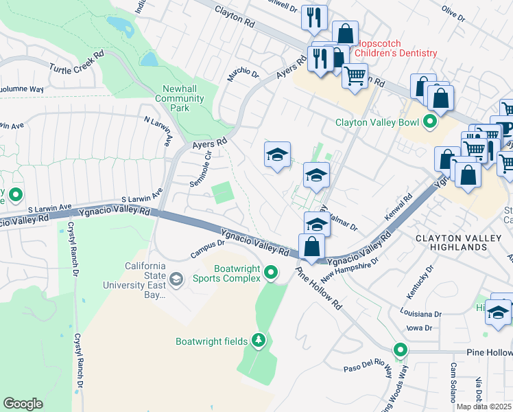 map of restaurants, bars, coffee shops, grocery stores, and more near 1065 Red Oak Drive in Concord