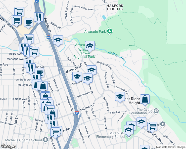 map of restaurants, bars, coffee shops, grocery stores, and more near 5955 Ralston Avenue in Richmond