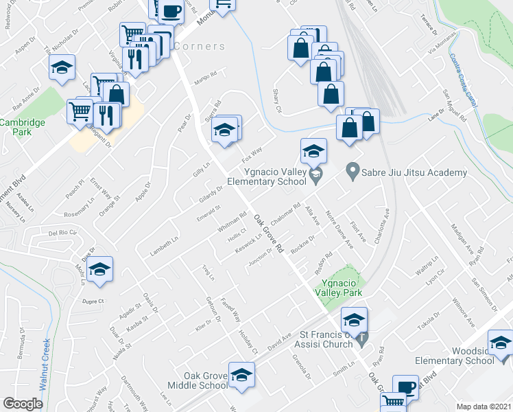 map of restaurants, bars, coffee shops, grocery stores, and more near 998 Oak Grove Road in Concord