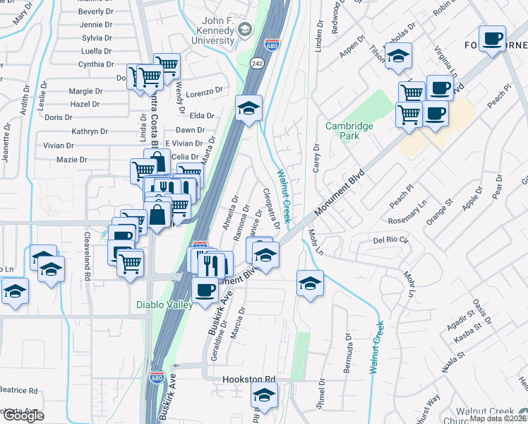 map of restaurants, bars, coffee shops, grocery stores, and more near 2093 Janice Drive in Pleasant Hill