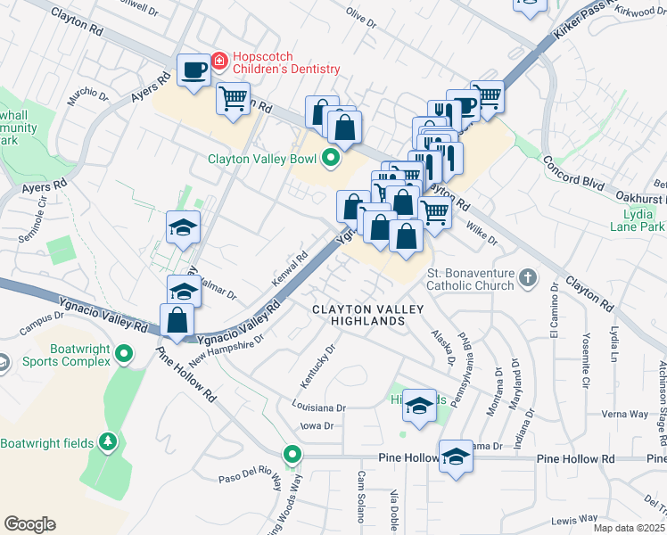map of restaurants, bars, coffee shops, grocery stores, and more near 5474 Roundtree Place in Concord
