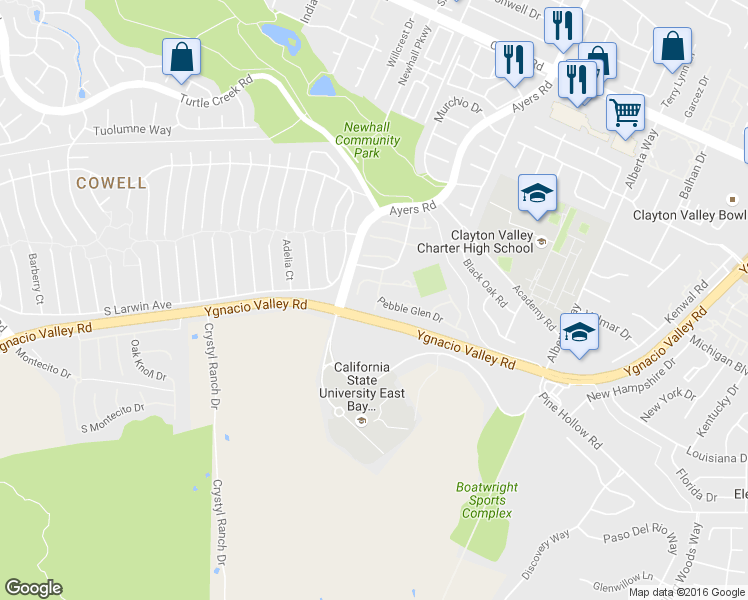 map of restaurants, bars, coffee shops, grocery stores, and more near 5218 Pebble Glen Drive in Concord