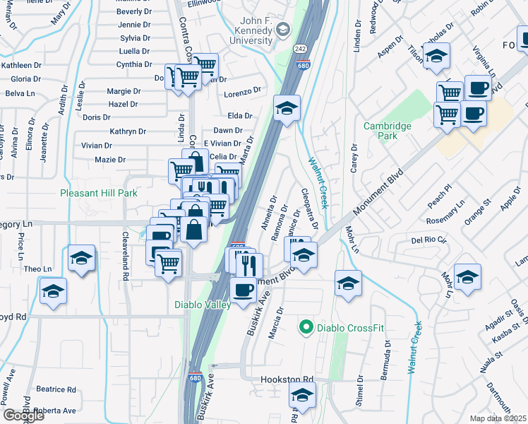 map of restaurants, bars, coffee shops, grocery stores, and more near 2119 Sherman Drive in Pleasant Hill
