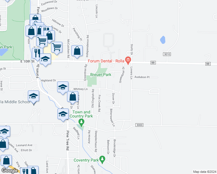 map of restaurants, bars, coffee shops, grocery stores, and more near 613 Dover Drive in Rolla