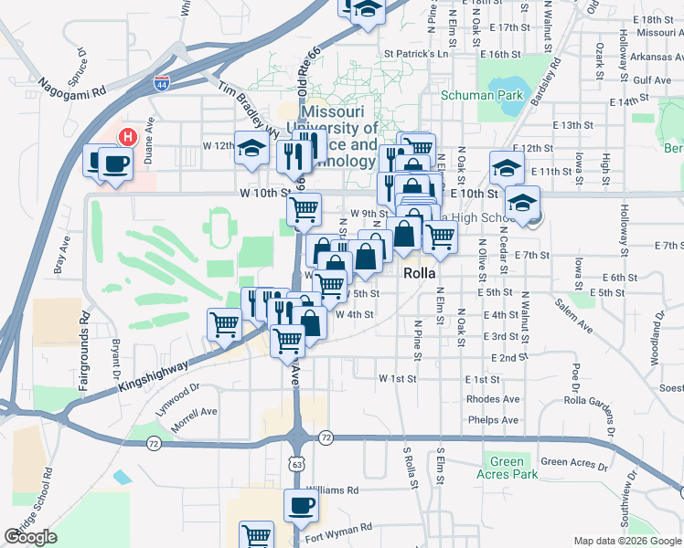 map of restaurants, bars, coffee shops, grocery stores, and more near in Rolla