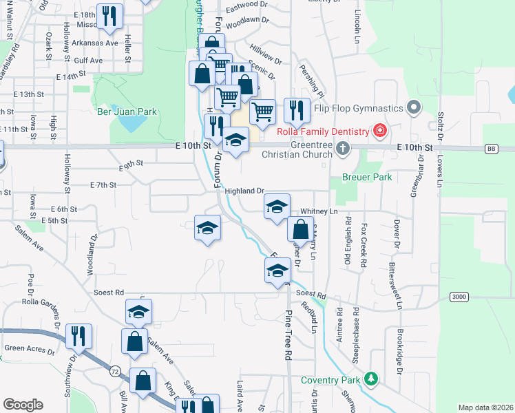map of restaurants, bars, coffee shops, grocery stores, and more near 1303 Whitney Lane in Rolla